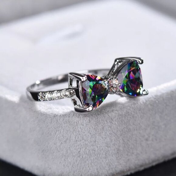 NEW 925 Sterling Silver Mystic Topaz Diamond Ring Bow Ring - Picture 2 of 5